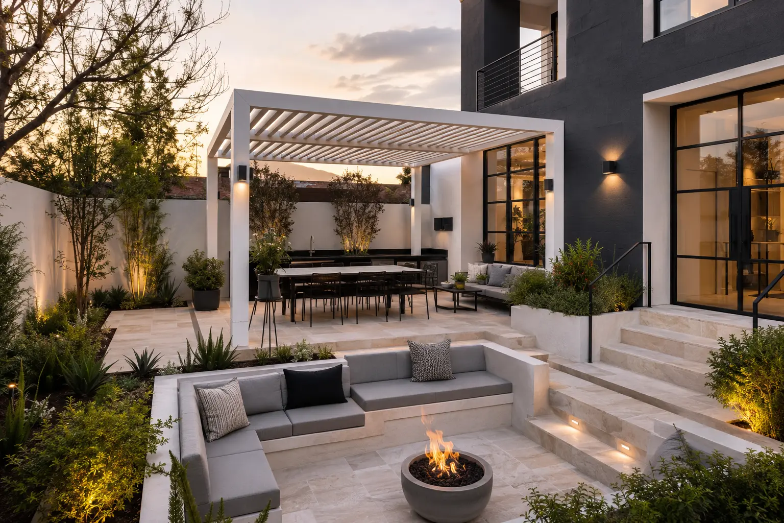 Terraza moderna con pérgola, jardín y área de descanso